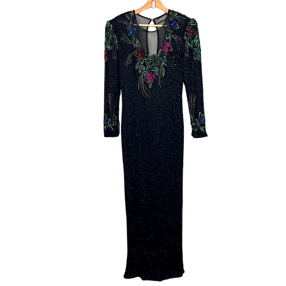VTG Scala Beaded Silk Gown Size M Long Sleeves Formal Evening 80s/90s Maxi Dress